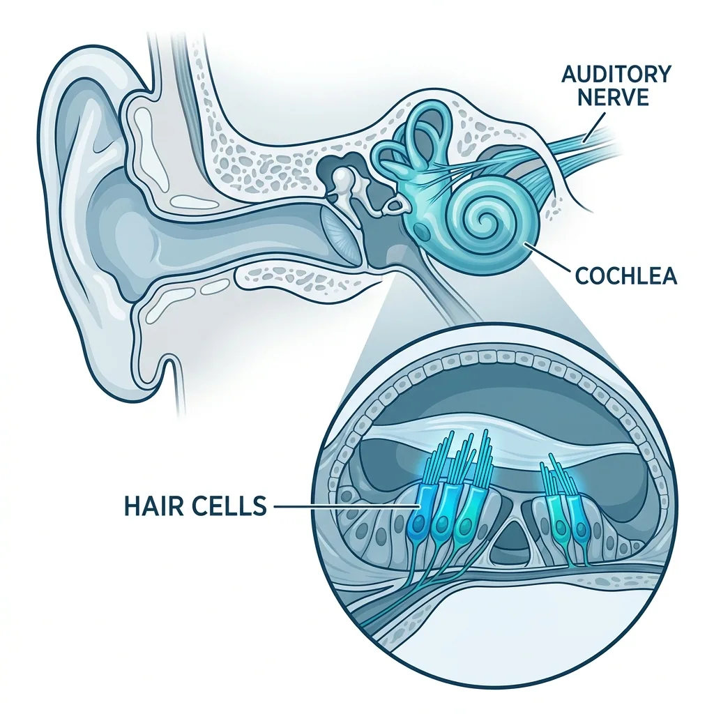 Illustration of the inner ear showing the cochlea and its hair cells